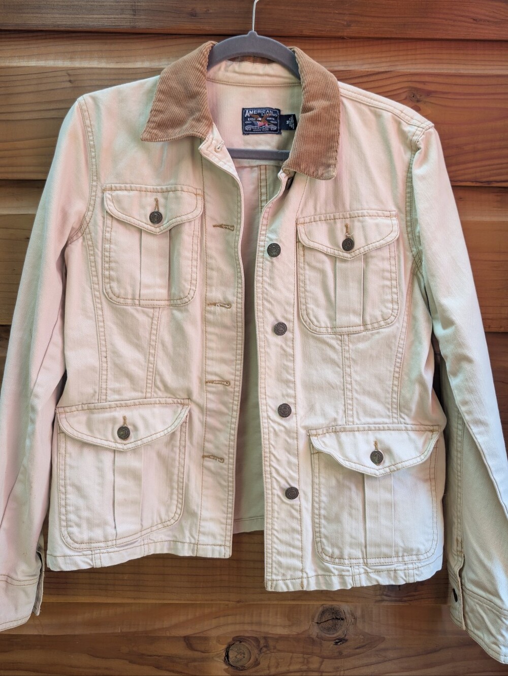 Vintage American Living Cream Utility Jacket with Tan Corduroy Collar Trendy